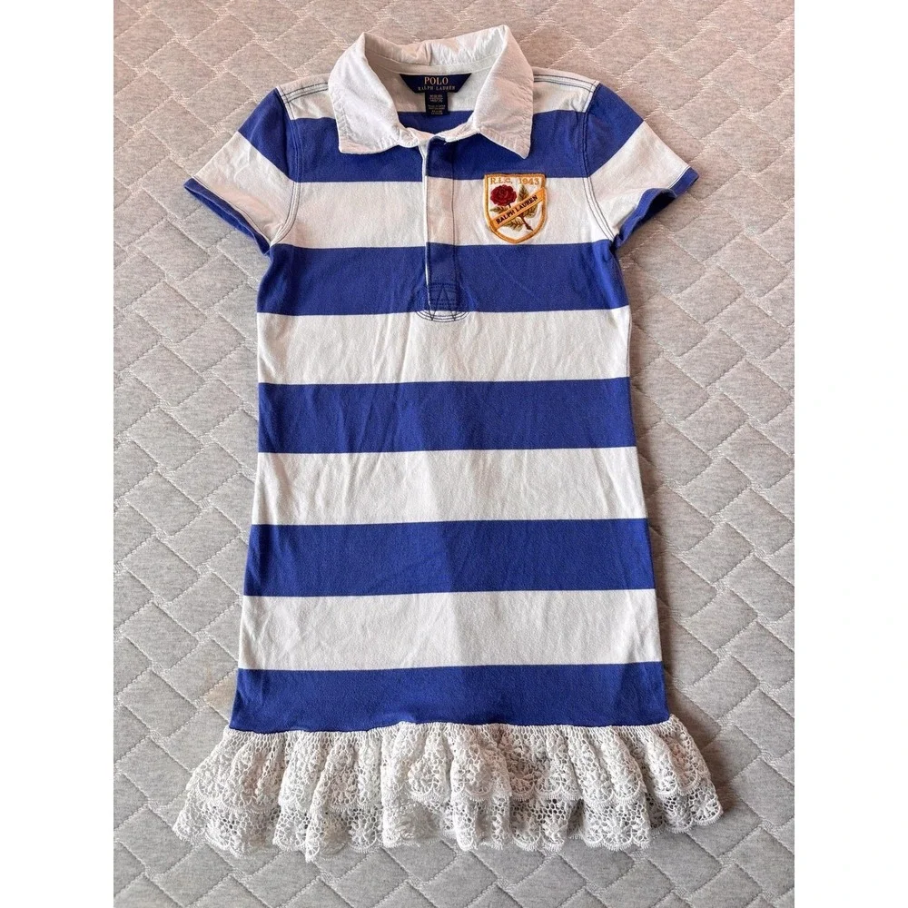 Polo Ralph Lauren Shirt Dress Girls 8-10 Blue White Stripe Lace Ruffle Hem Crest